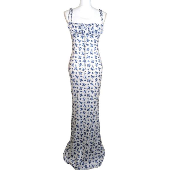 Parthea Blue Tie Strap Bodycon Mermaid Floral Maxi Dress Women Size M Bloomcore - Picture 2 of 13